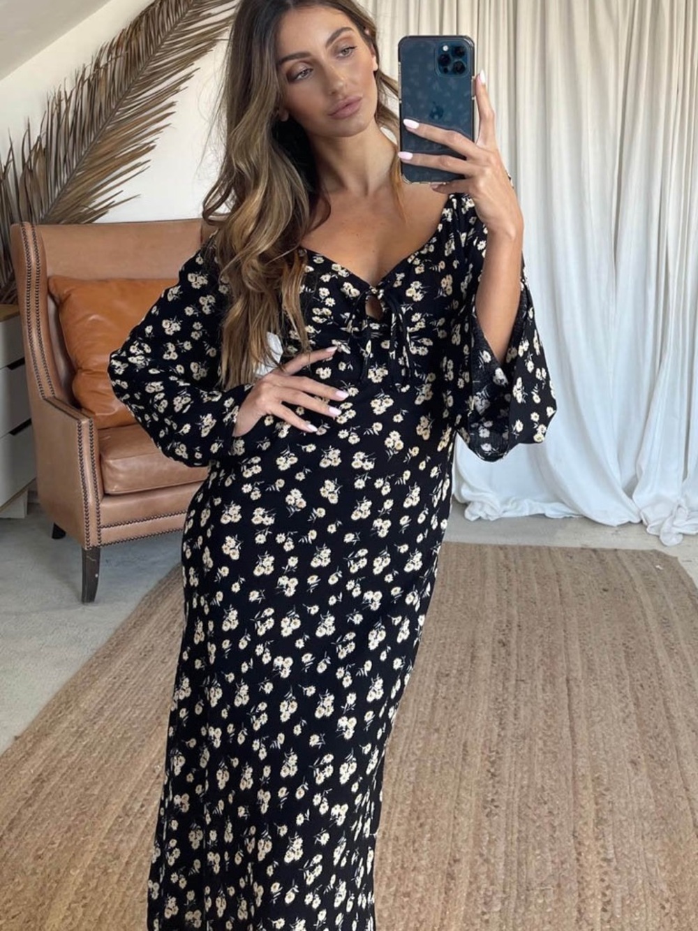 Black Floral Midi Dress Size 2 Y2K Dark Cottagecore Clean Girl Romantic Vacation